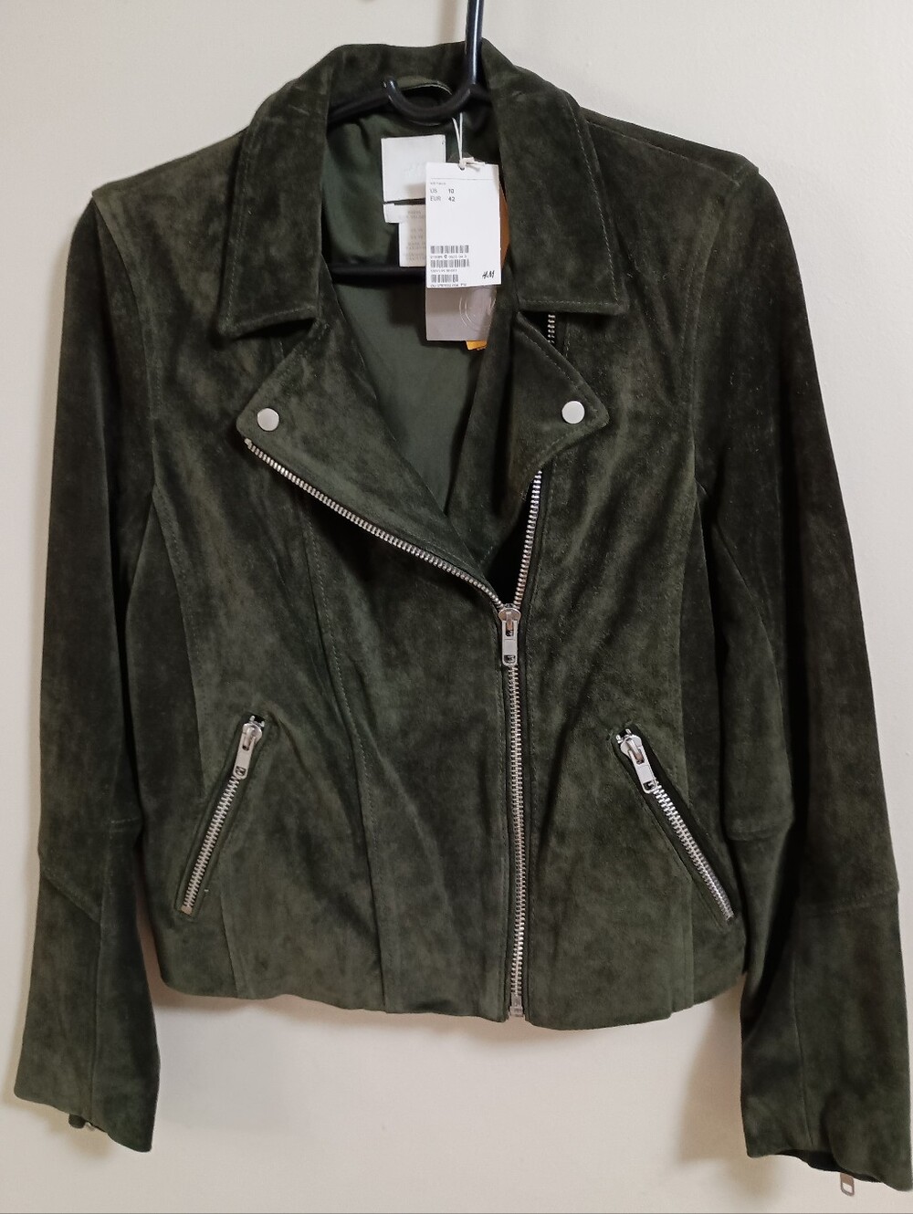 H&M Olive Green Suede Moto Biker Jacket Women Size US 10 NWT